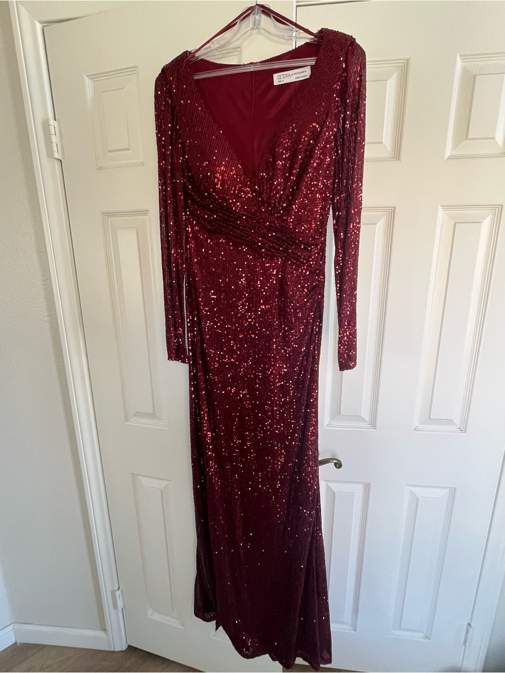 Mac Duggal Burgundy Sequin Long Sleeve Evening Gown